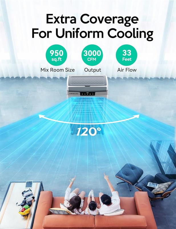 35-45L Evaporative Swamp Cooler, 2100-3000CFM, 120° Oscillation, Remote, 24H Timer, 3 Speeds Indoor Outdoor